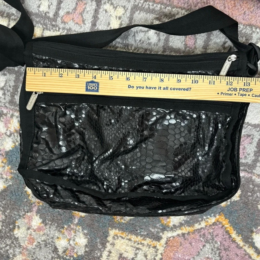 LeSportSac Deluxe Expandable Black Shoulder Bag Glossy Snake Print & Zip Pouch